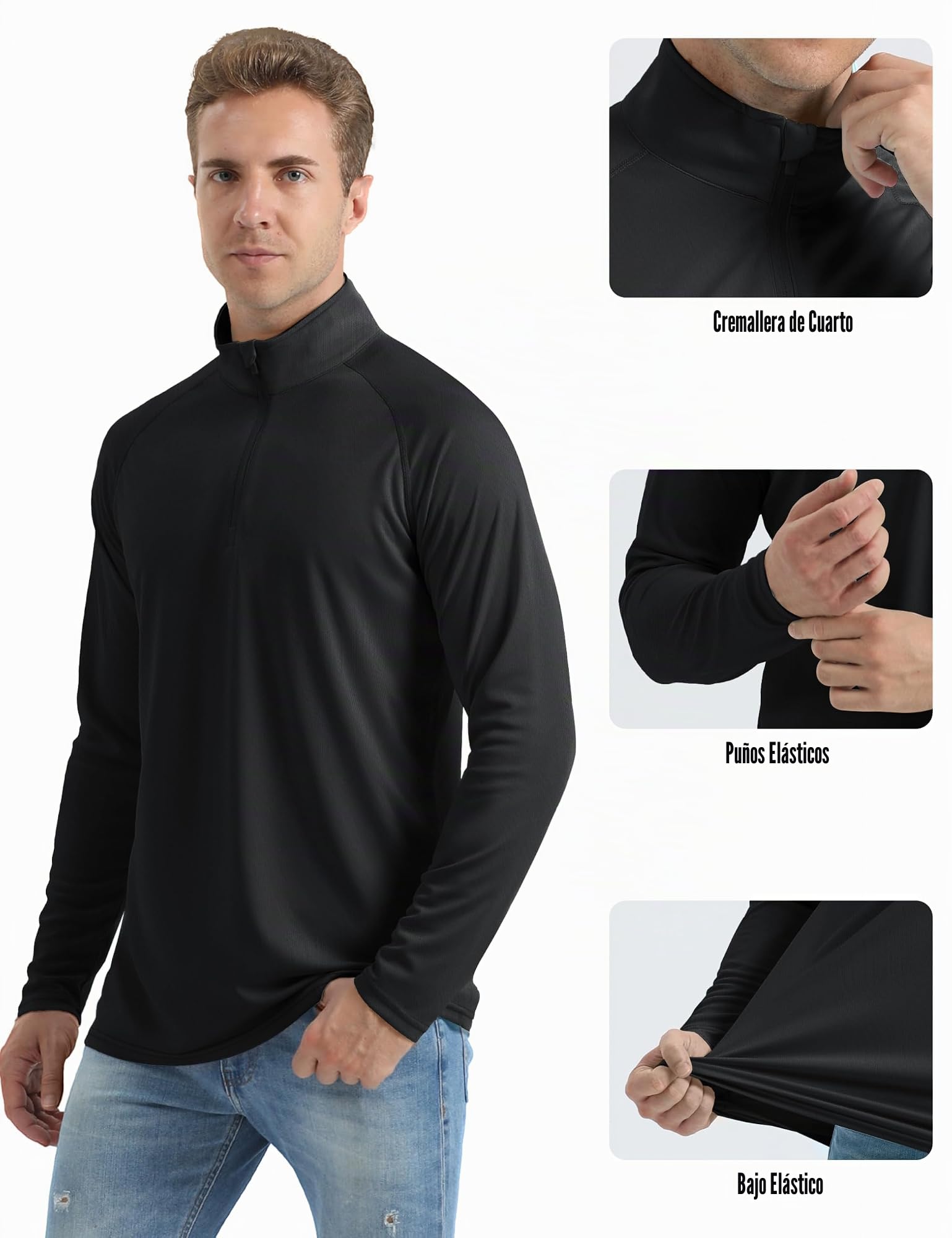 MAGCOMSEN Camiseta Manga Larga Hombre Deporte con Cremallera 1/4, Protección UPF 50+, Secado Rápido, Camiseta Funcional Running