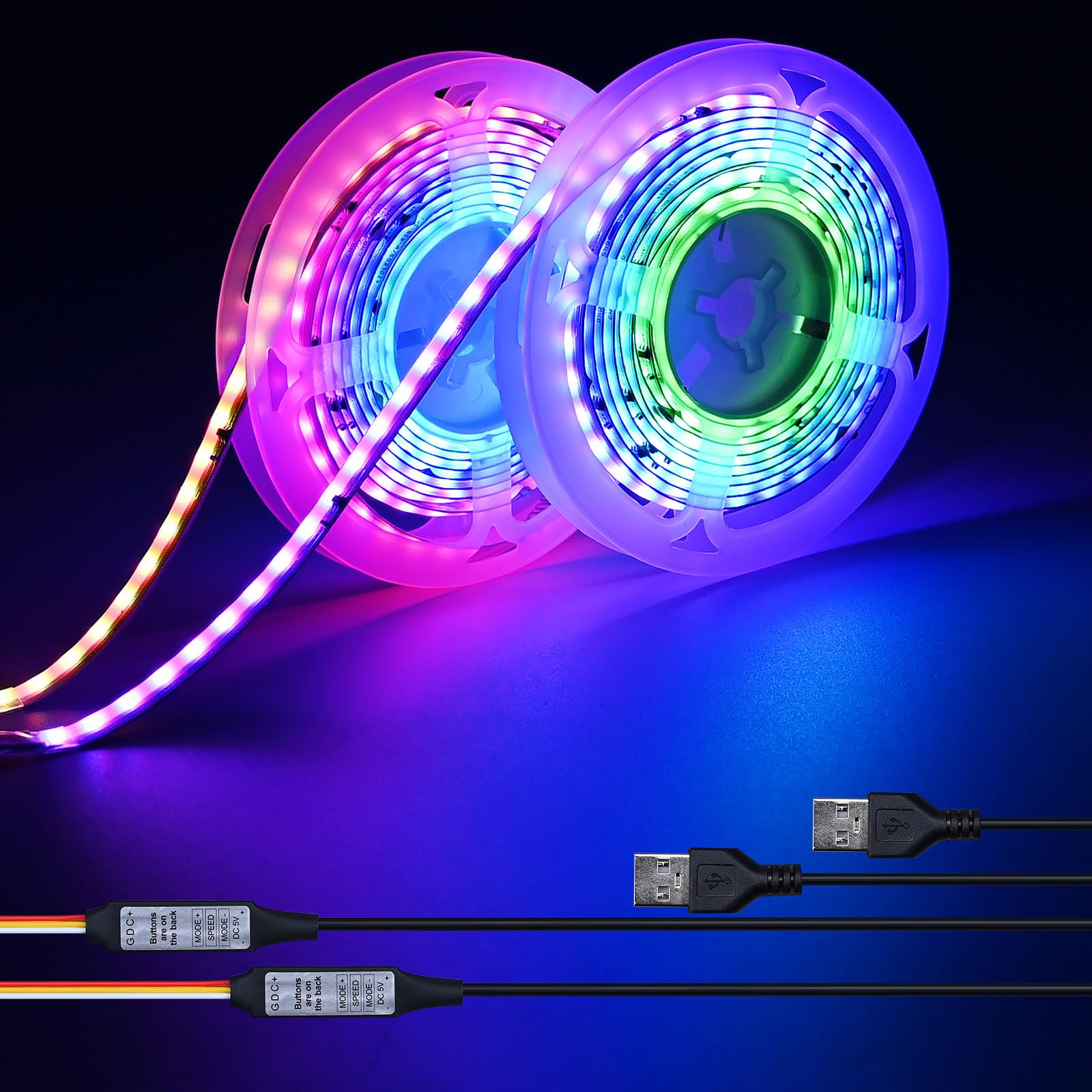 GOMING 5V 8mm Width USB WS2811 RGB COB LED Strip Dream Color with Controller USB Powered Addressable 4M(2pcs x 2M) 420LEDs/M Flexible IP20 Not Waterproof LED Tape Lights for DIY Decoration Lighting