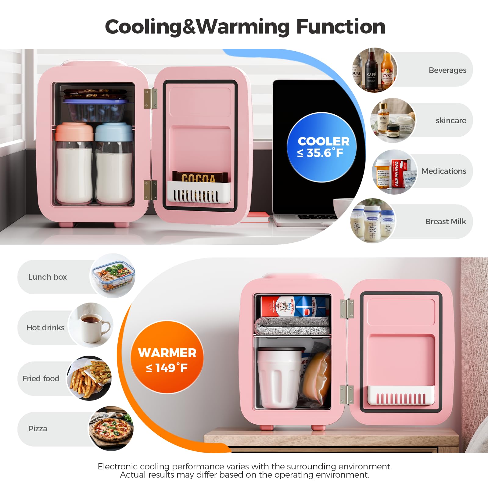 YASHE Mini Fridge, 4 Liter/6 Cans Portable Cooler and Warmer, AC/DC Power Small Fridge, Quiet Desk Skincare Fridge for Beauty Drinks Medicine, Mini Fridge for Bedrooms Office Dorm Car Travel, Pink — view 2