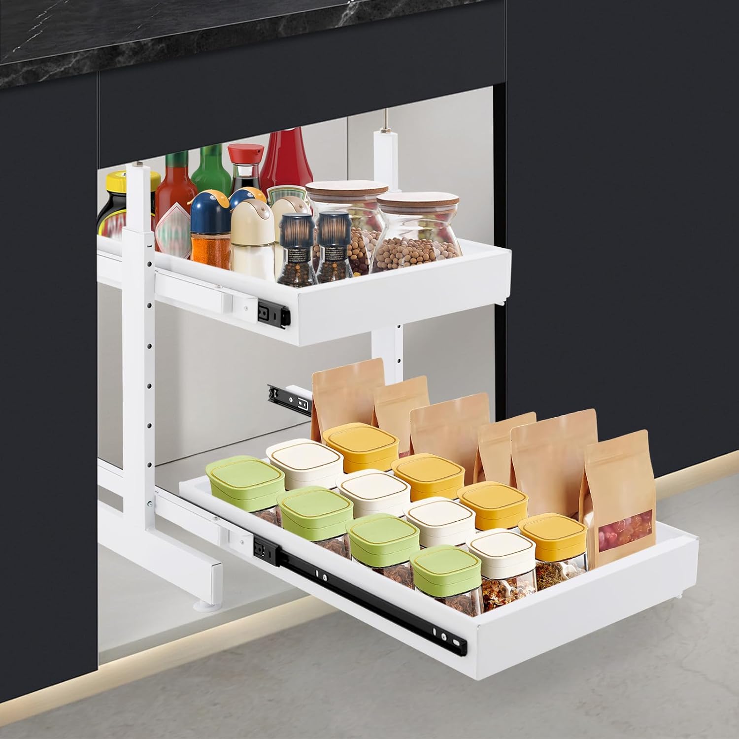 REALINN Expandable Under Sink Organizers and Storage, 2 Tier Under Cabinet Organizer, Heights Adjustable Pull Out Rack for Kitchen Bathroom Laundry, White, 1 Pack