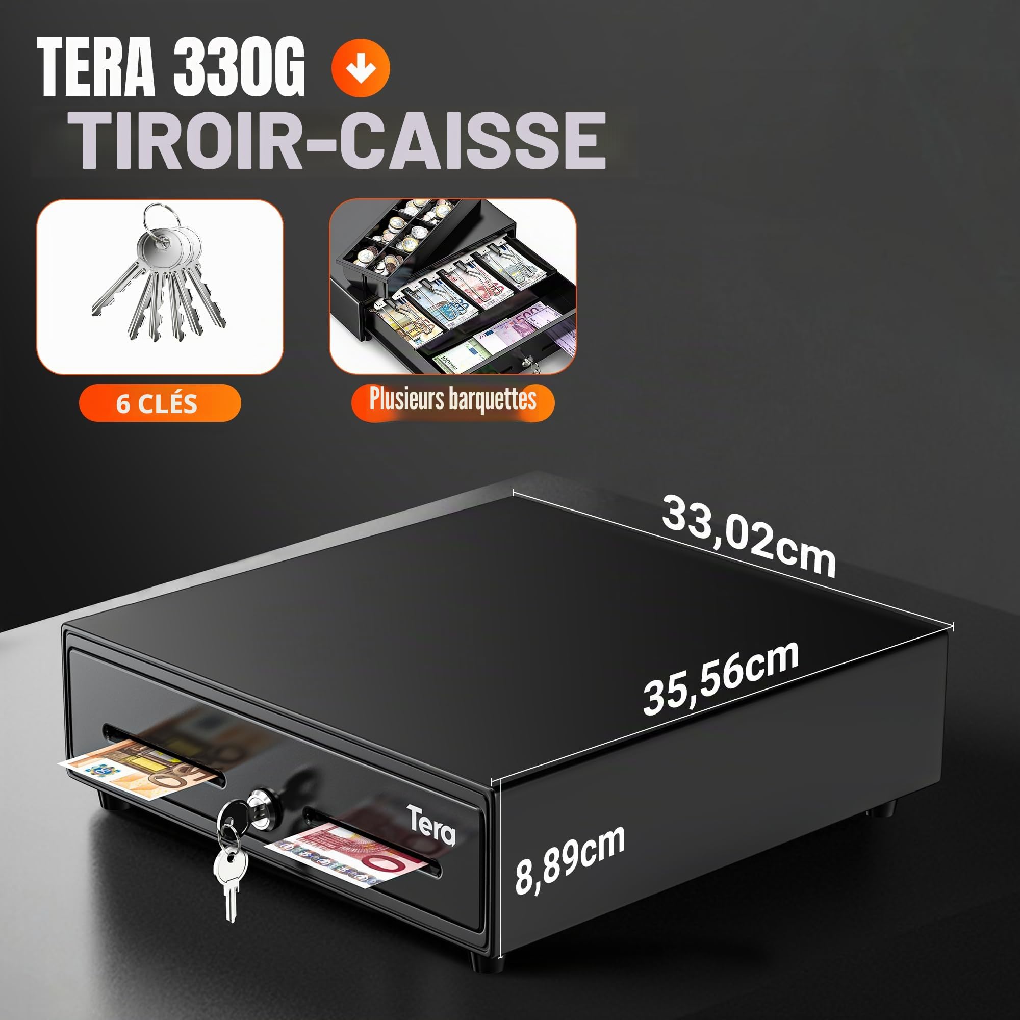 Tera tiroir-caisse 13" pour POS: 4 compartiments billets 8 pièces 6 clés ouverture auto compartiment pièces amovible verrouillage à clé interface RJ12 24V fente pour supports 330G