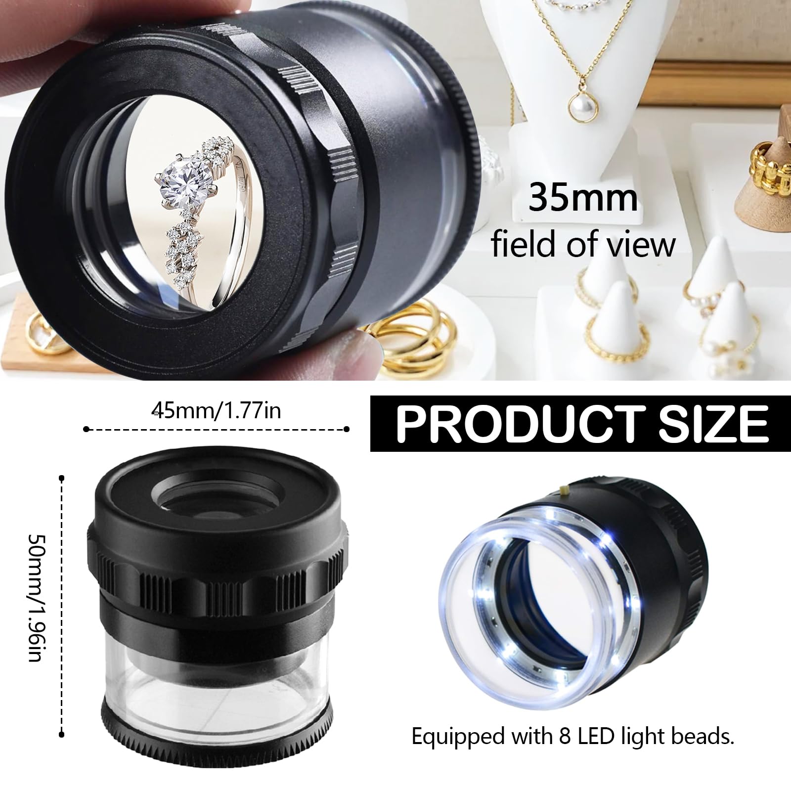 Lupa de Joyero, Lupa de Aumento portátil 10x con 8 Luces LED y Escala de Vidrio de 3 Recargable Campo de Visión de 25 mm para Joyería, Gemas, Monedas, Herramienta de Hobby