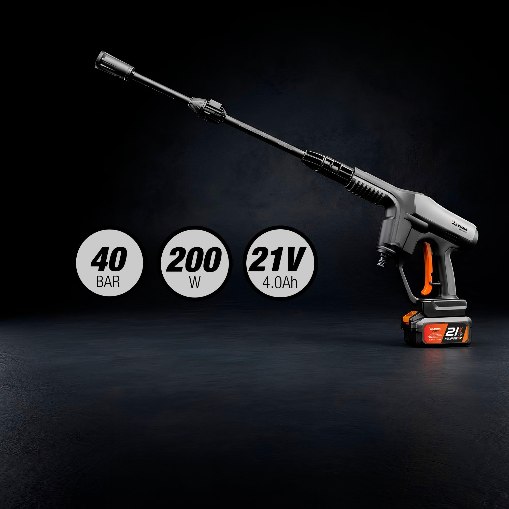 Altuna Hidrolimpiadora a Batería 21V – Pistola a Presión 40 Bar – Bomba de Aluminio – Toma de Agua Desde Manguera, Grifo, Tanque, Cubo – Paro Automático TSS – Limpieza Exterior, Coche y Terraza –AH01
