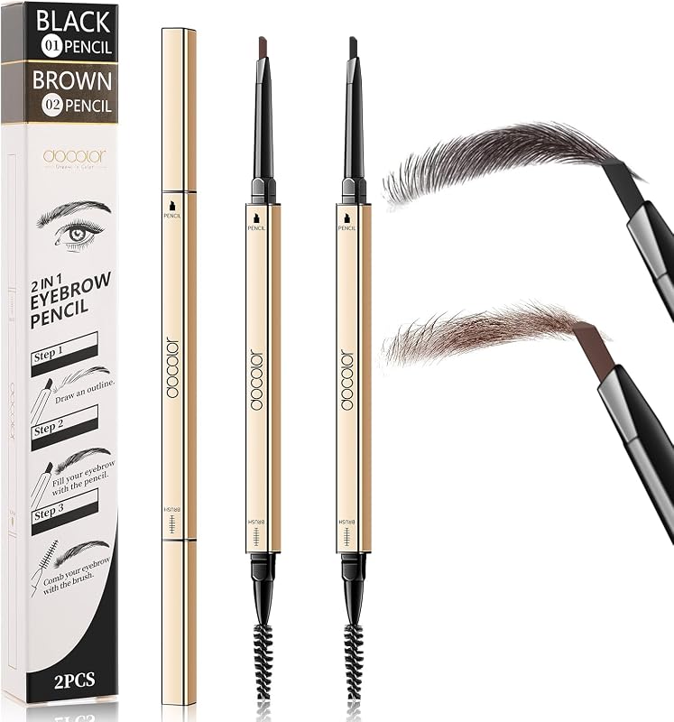 docolor Micro Eyebrow Pencil Duo - 2-in-1 Black & Dark Brown,2 Count | Instant Lift Brow Pencils, Dual-Sided Brow Brush, Waterproof & Smudge-Proof, Perfect 2-Color Kit for Natural Dimension