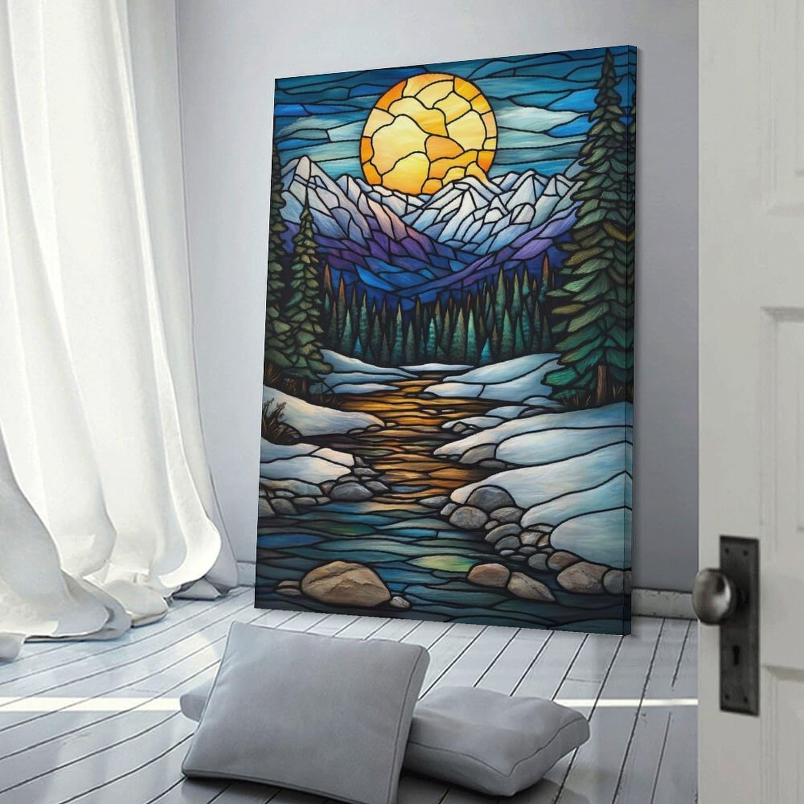 Junmoney Stained Glass Mountain Stream Wall Picture Print 20x30inch(50x75cm), for Lounge Decor, Offices Or Entryway Styling, A Flexible Wall Accent for Shared Spaces