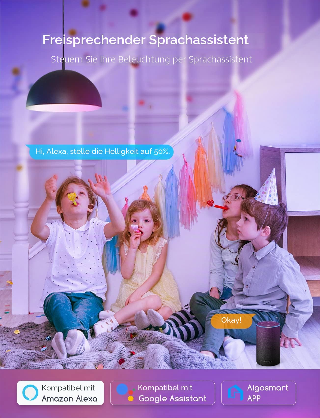 Aigostar Alexa Glühbirne E14 SL2 Smart Lampe 6.5W WLAN Lampe LED RGBCW 2700-6500K Dimmbare, Mit Musik synchronisieren, App Steuern Kompatibel mit Alexa/Google Home, Kein Hub notwendig, 6 Stücke.