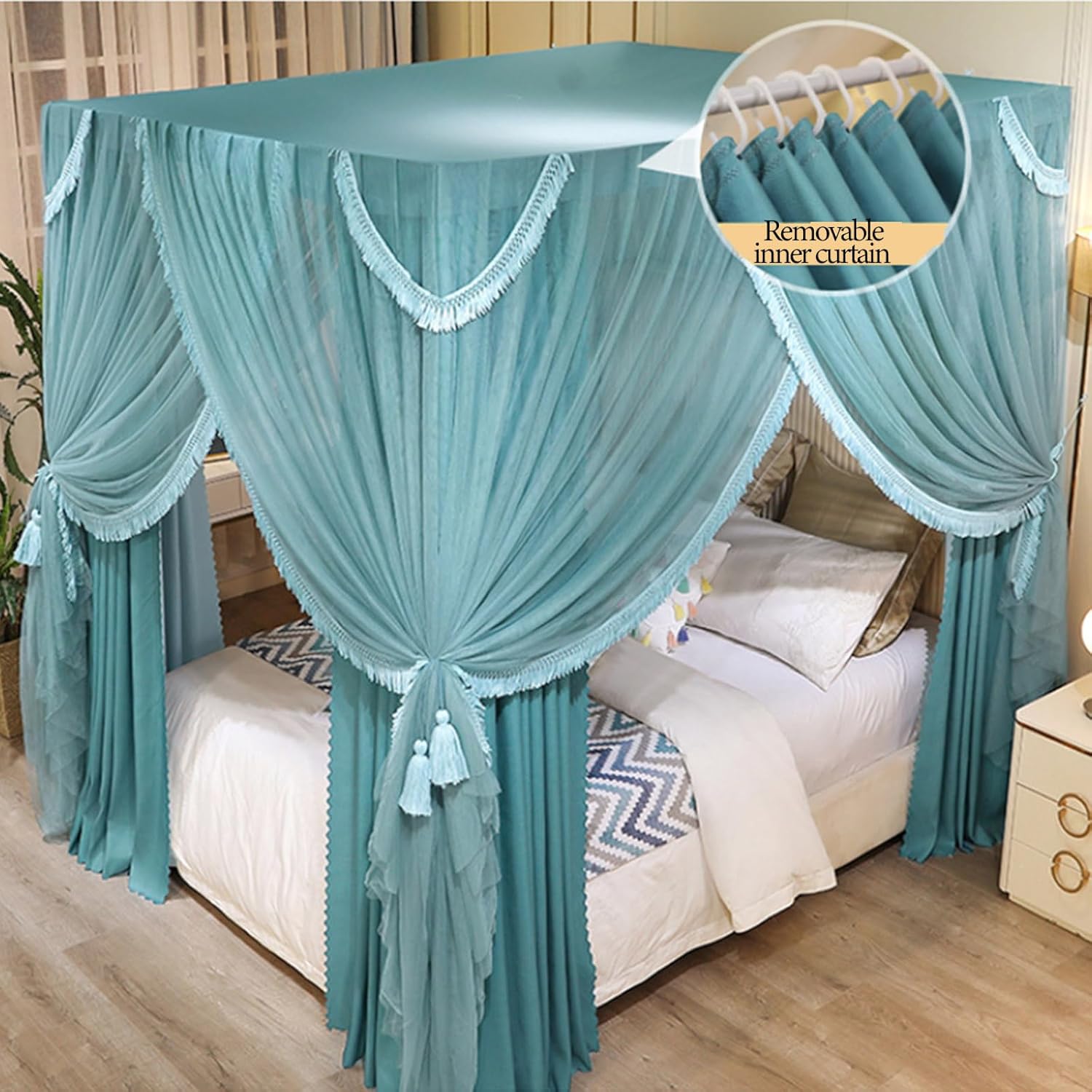 4 Corners Post Canopy Bed Curtain with Frame for Girls & Adults - Cute Cozy Drape Square Netting for Twin Bed - 4 Opening Mosquito Net - Princess Bedroom Decoration