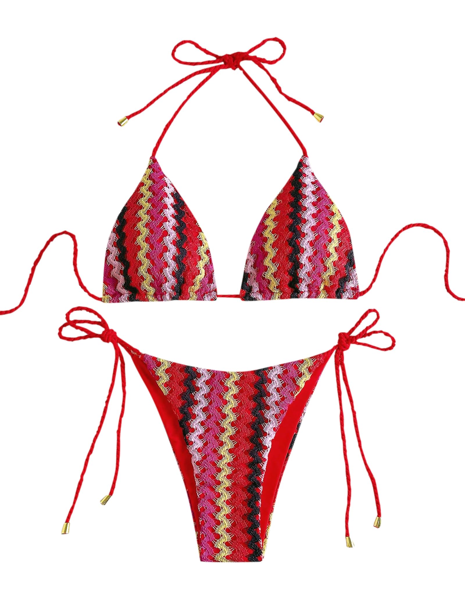 ZAFUL 2 Piece Triangle Bikini for Women Knitted Rope Halter Bikini Sets Sexy Bathing Suit Side Tie Swimsuits Beachwear