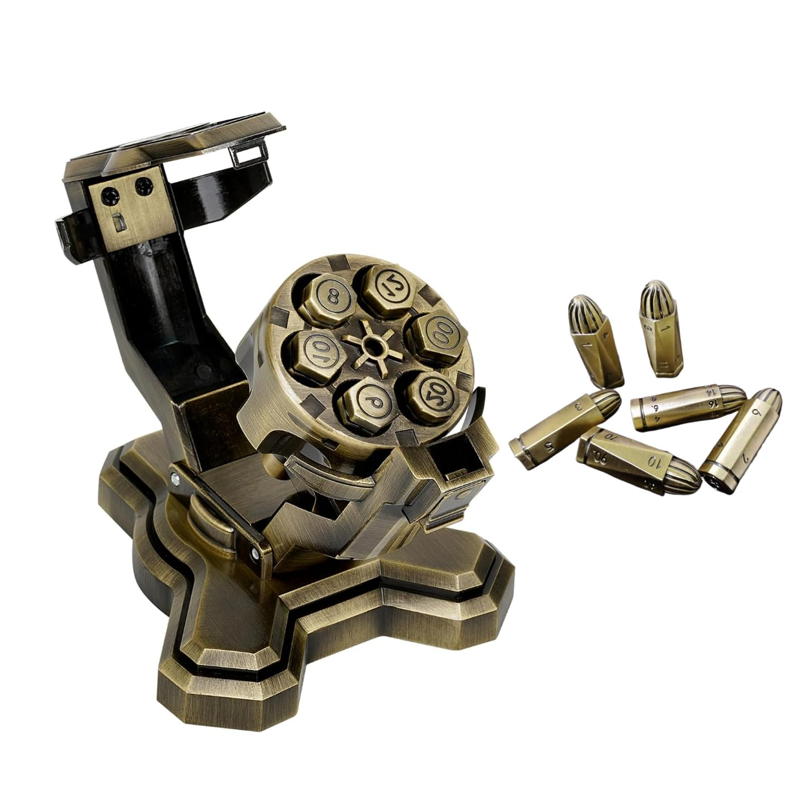 Bullet Nest Dice Unique Metal Dice Polyhedral Ball Dice Set 7 With Turret Dice Set Cylinder Container Unique Mechanical Roulette Dice Spinner For DND D4 D6 D12 D20 D10