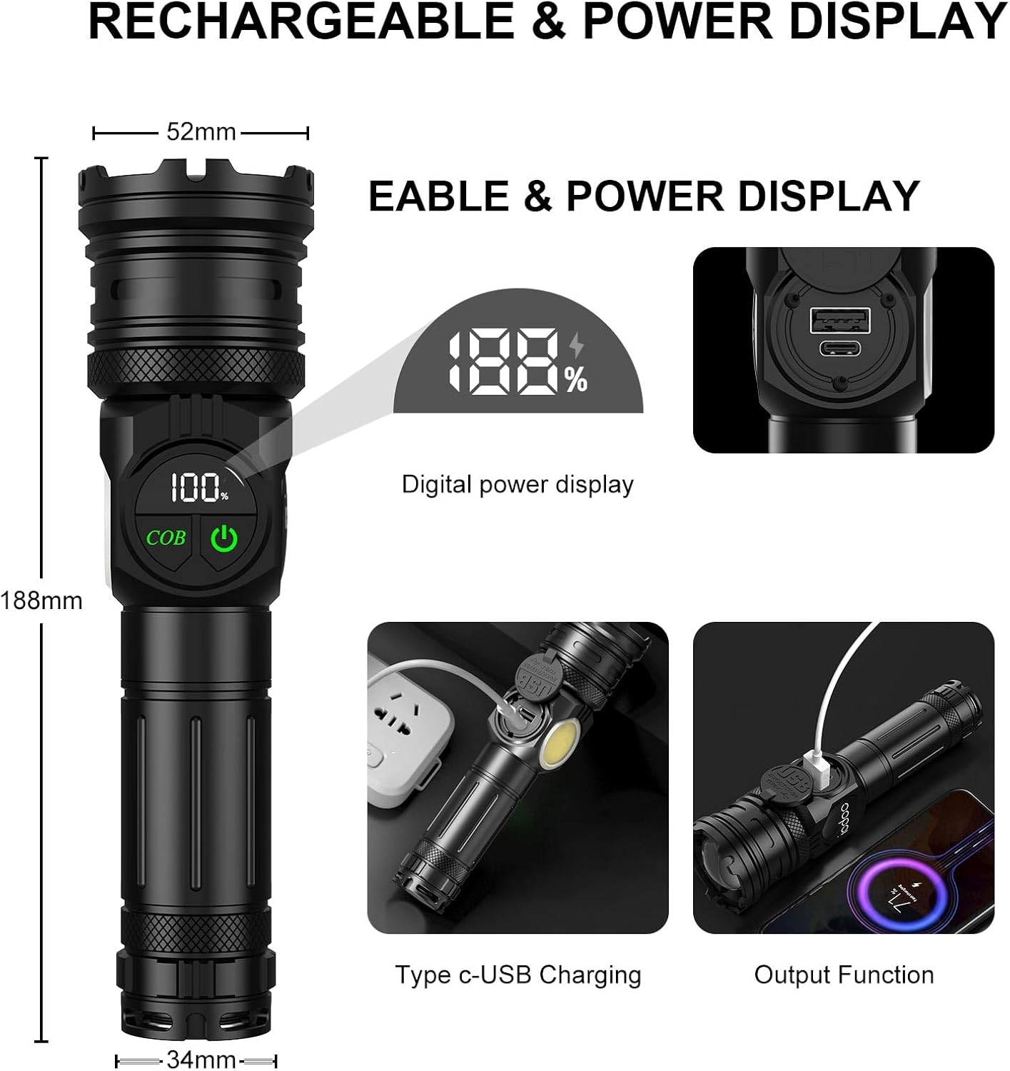 iodoo 3 in 1 Rechargeable Flashlight True 5000 Lumens Outdoor Strong Cob Light, 5000mAh Zoomable Beam LED Flash Light with Magnet Power Failure Emergency Survival Kits Snowstorm (PRO)