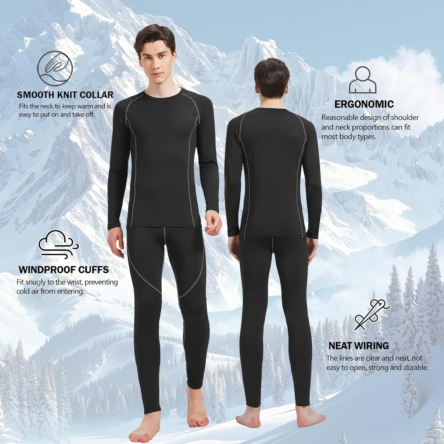 Sous-vêtements Thermiques Homme YESWEL - Laine Mérinos 100%, Haut Et Caleçon Long - Pour Ski, Randonnée Hiver - 7