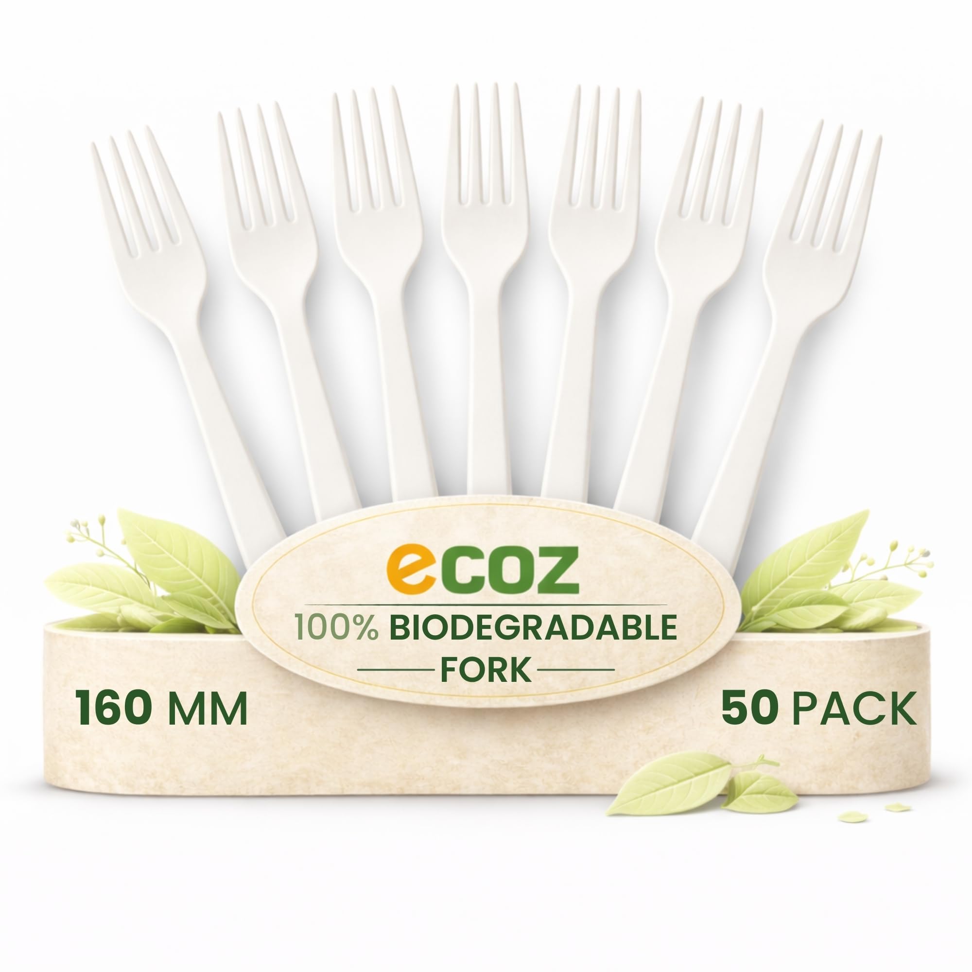 ECOZ Disposable Forks 6 Inch (160 mm) Pack of 50 – Compostable Cornstarch Biodegradable Eco Friendly Disposable Cutlery Set for Party Catering Picnic Takeaway Food Service Fruit Fork for Kids