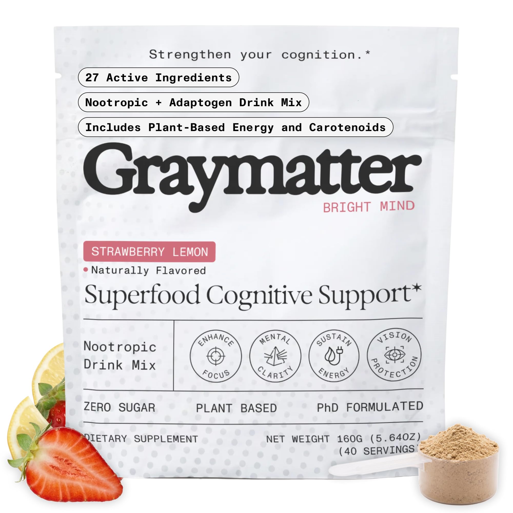 Graymatter Cognitive Support Powder, Strawberry Lemon, 40 Servings Strawberry Lemon 5.64 Ounce (Pack of 1)
