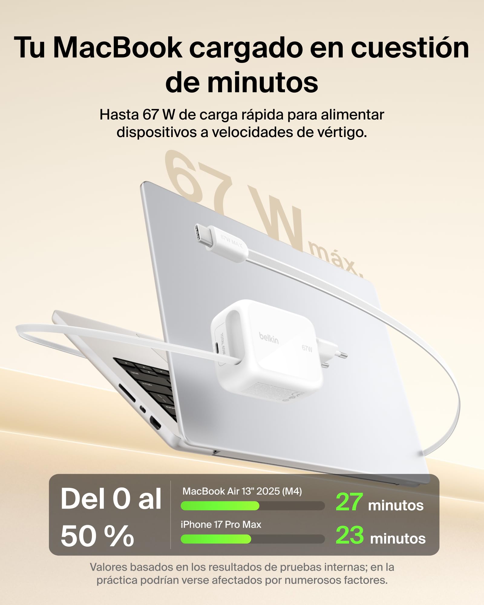 Belkin Cargador USB C con Cable USB C Retráctil y Puerto USB-C, Cargador Tipo C GAN, Carga Rápida para iPhone 17 y 16 Series, Galaxy S26 Series, AirPods, Tabletas, MacBook, Chromebook