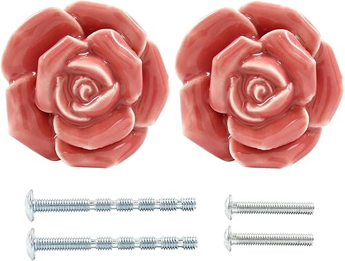 2 tiradores de cajón de rosas rosas, pomos de cerámica para decoración de cajones, gabinetes, aparadores, armarios, puertas