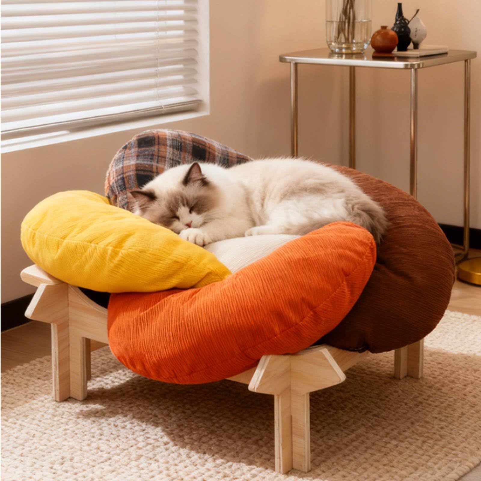 Nido per Gatti in Pile Letto Rialzato Cuccia Divano Amaca Base in Legno Multistrato Rivestimento Morbido Confortevole Traspirante a Blocchi Facile