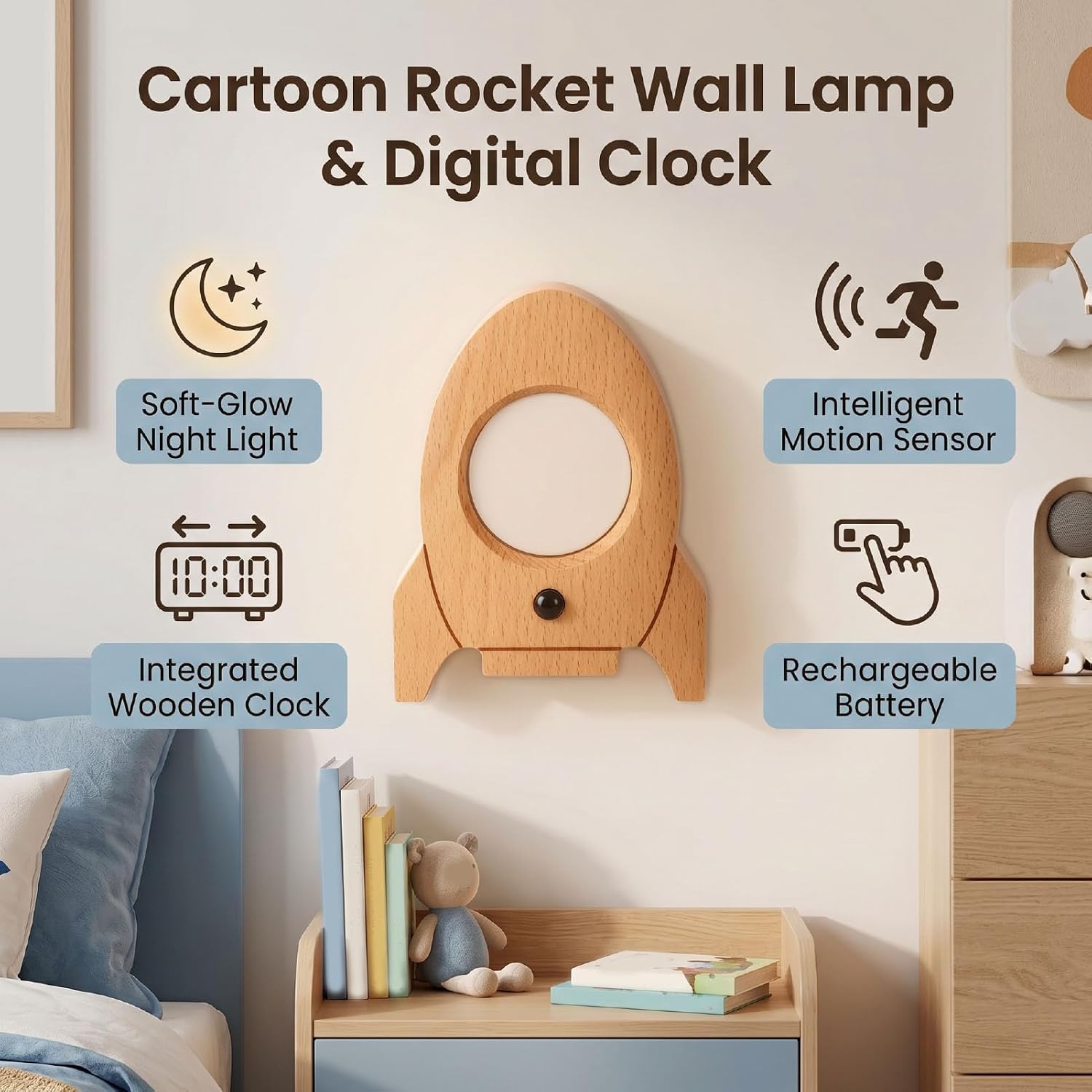 Fafeicy Cartoon Rocket Wall Lamp Solid Wood Digital Clock Motion Sensor Wall Sconce for Kids Bedroom Nursery Hallway 7W Warm White