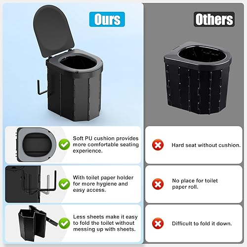 WADEO Portable Camping Toilet, Foldable Heavy Duty Travel Toilet for Adults, Sturdy 400lbs Capacity, Compact Car & Van Toilet with Lid & Bags for Camping, Hiking, Road Trips (Black + Seat Cushion) - 5