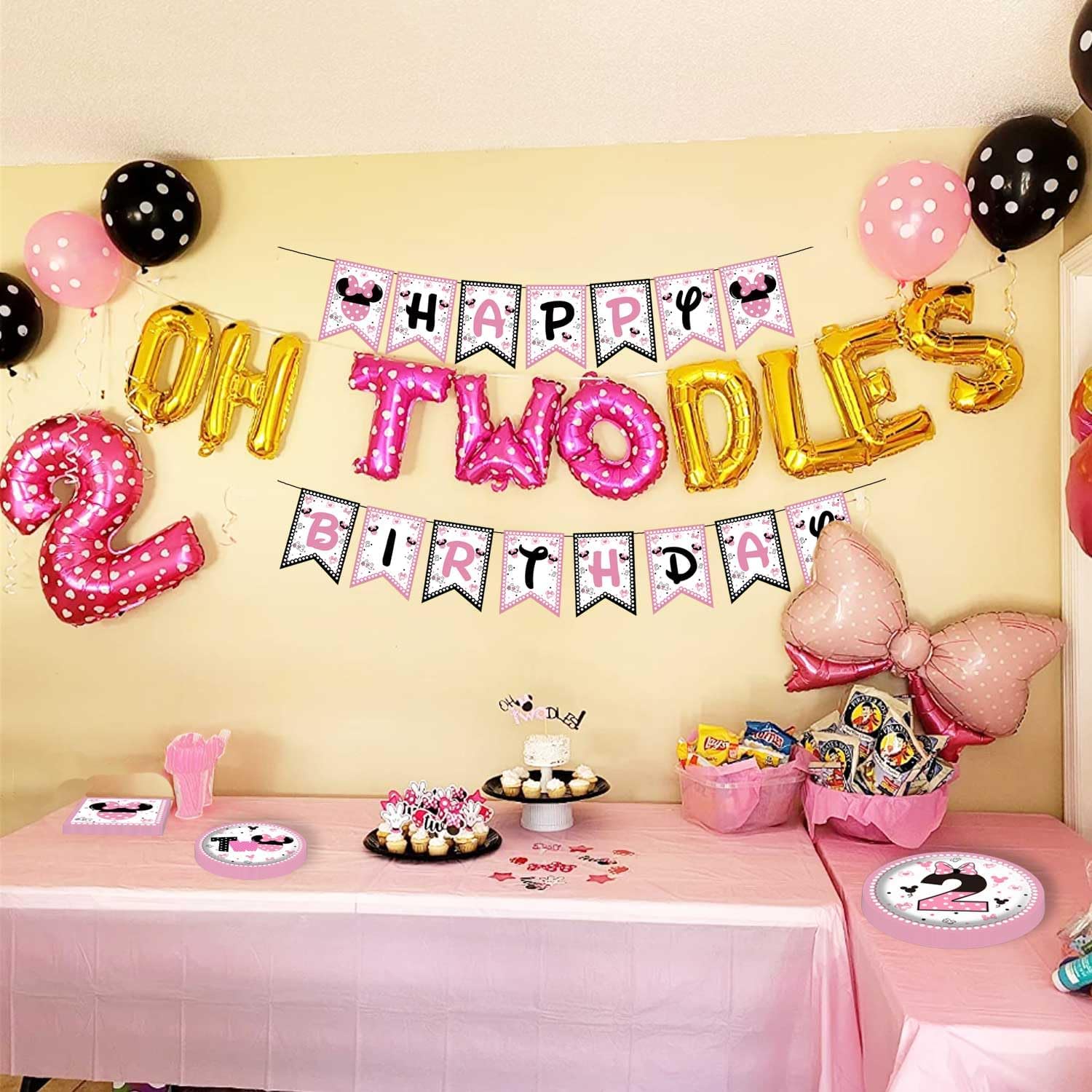 103Pcs Oh Twodles Pink Second Birthday Banner 2nd Party Plates Supplies Tablecloth Decorations for Girl Baby Bday