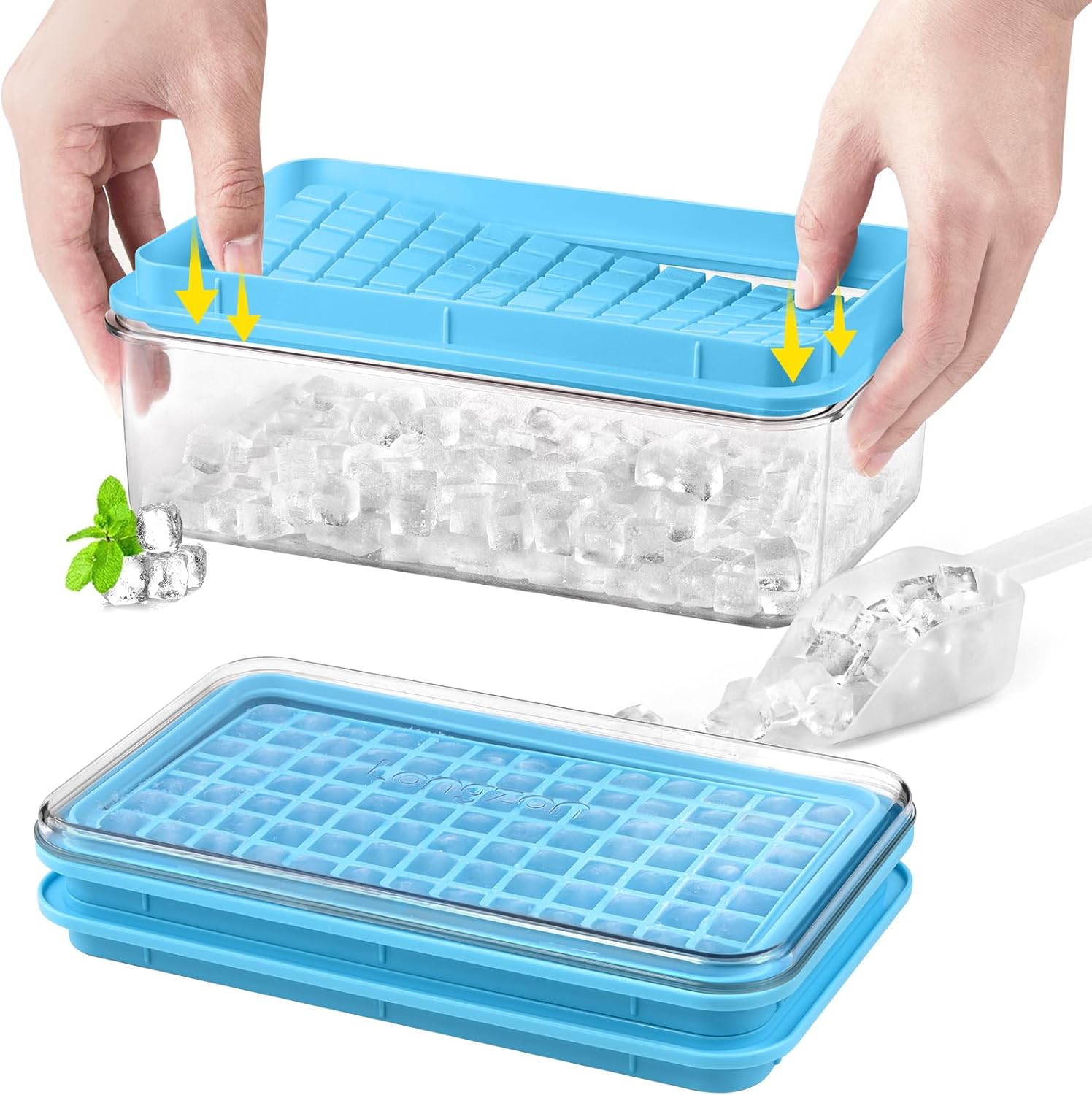 Longzon Mini Ice Cube Tray with Lid and Bin, 273 Pcs Ice Cube Trays for Freezer, Ice Cube Mold, Ice Molds Spill-Resistant Removable Lid & Ice Scoop, Ice Mold for Whiskey Cocktail, Tea, Coffee -Blue Blue+Clear