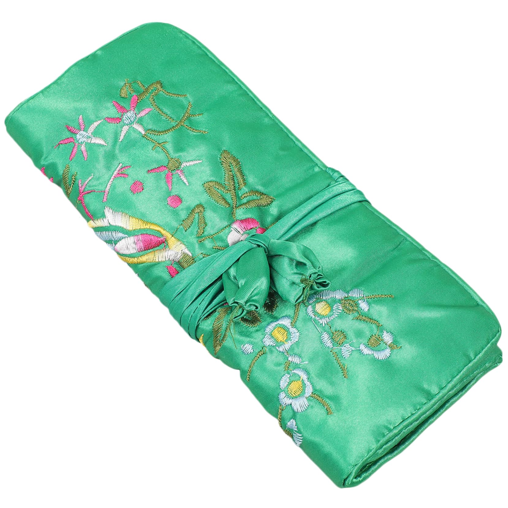 jojofuny Embroidery Jewelry Roll, Silk Embroidery Brocade Jewellery Bag Roll, Jewelry Storage Pouch Makeup Organizer, Bags Green