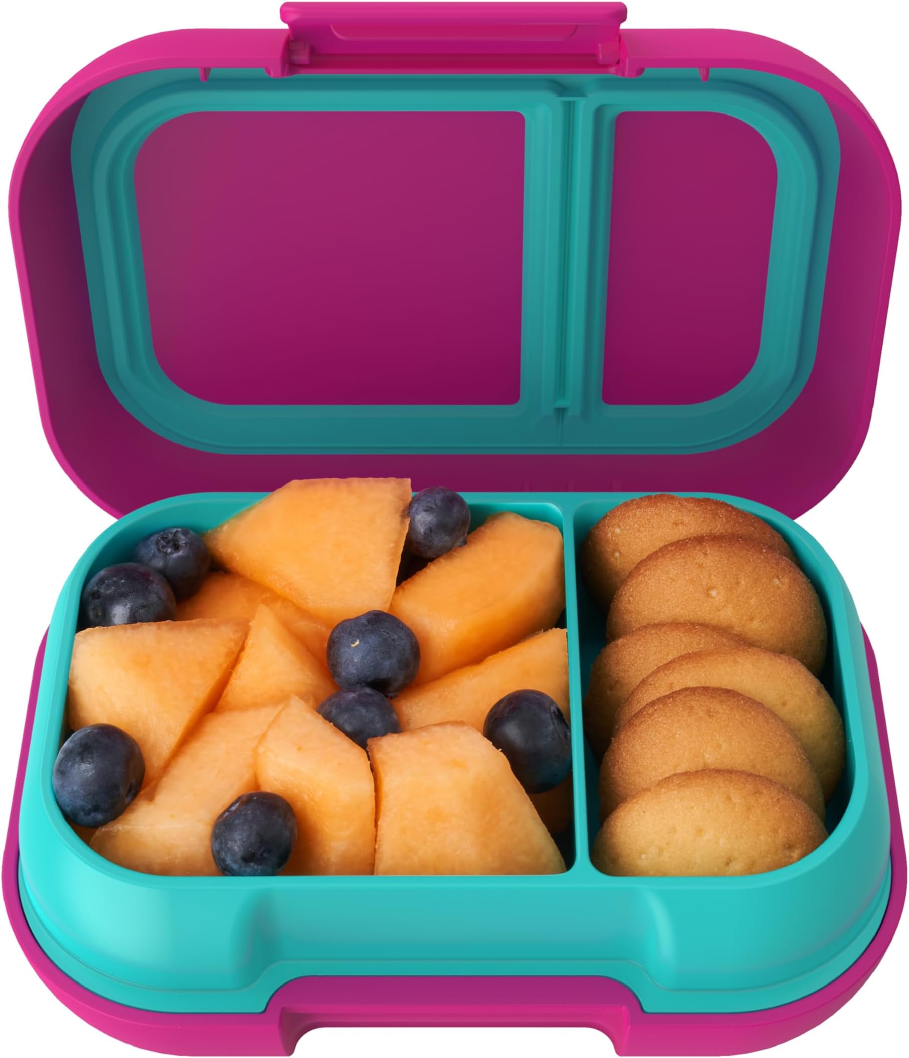 Kids Snack - 2 Compartment Leak-Proof Bento Box Container for Snacks and Small Meals, Easy-Open Latch, Dishwasher Safe, BPA-Free for School, Daycare, & Sports - Ideal for Ages 3+ (Fuchsia/Teal)