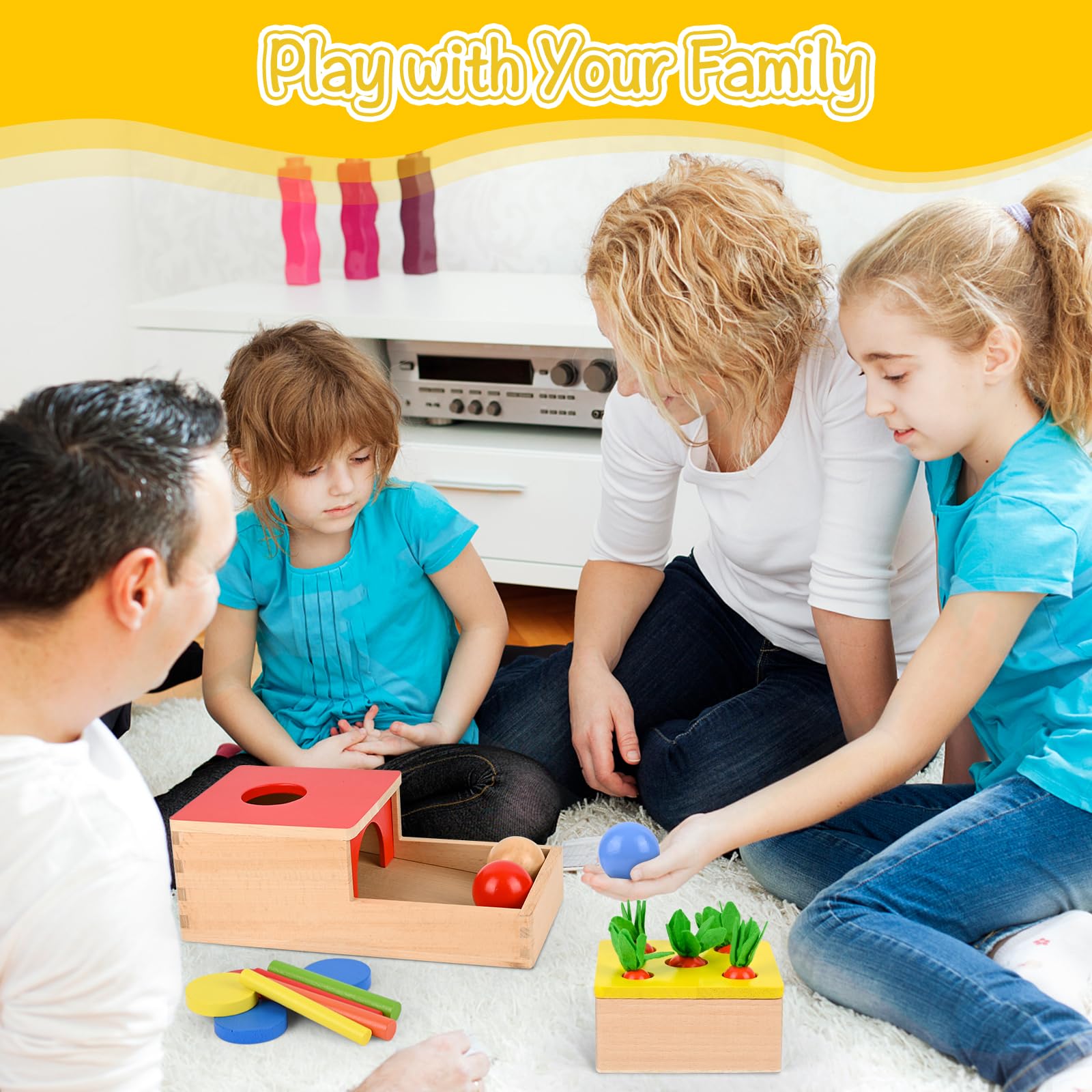 Comius Sharp 4 in 1 Giocattoli Montessori in Legno - Scatola delle Monete, Raccolta delle Carote, Bastoncini per L'abbinamento dei Colori e Motricità
