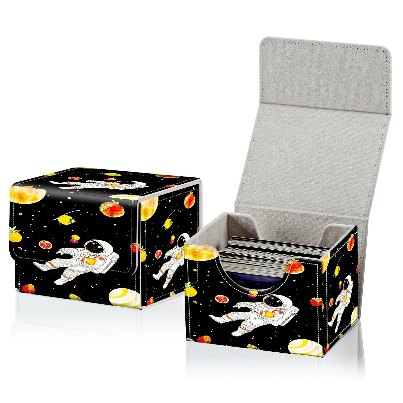 RWUTYTIUL Card Deck Box for MTG, Cards Storage Box Fits 120+ Sleeved, Leather Small Size Strong Magnetic Closing Card Case for Board Games Magic TCG CCG Baseball Collection, Galaxy Man Black