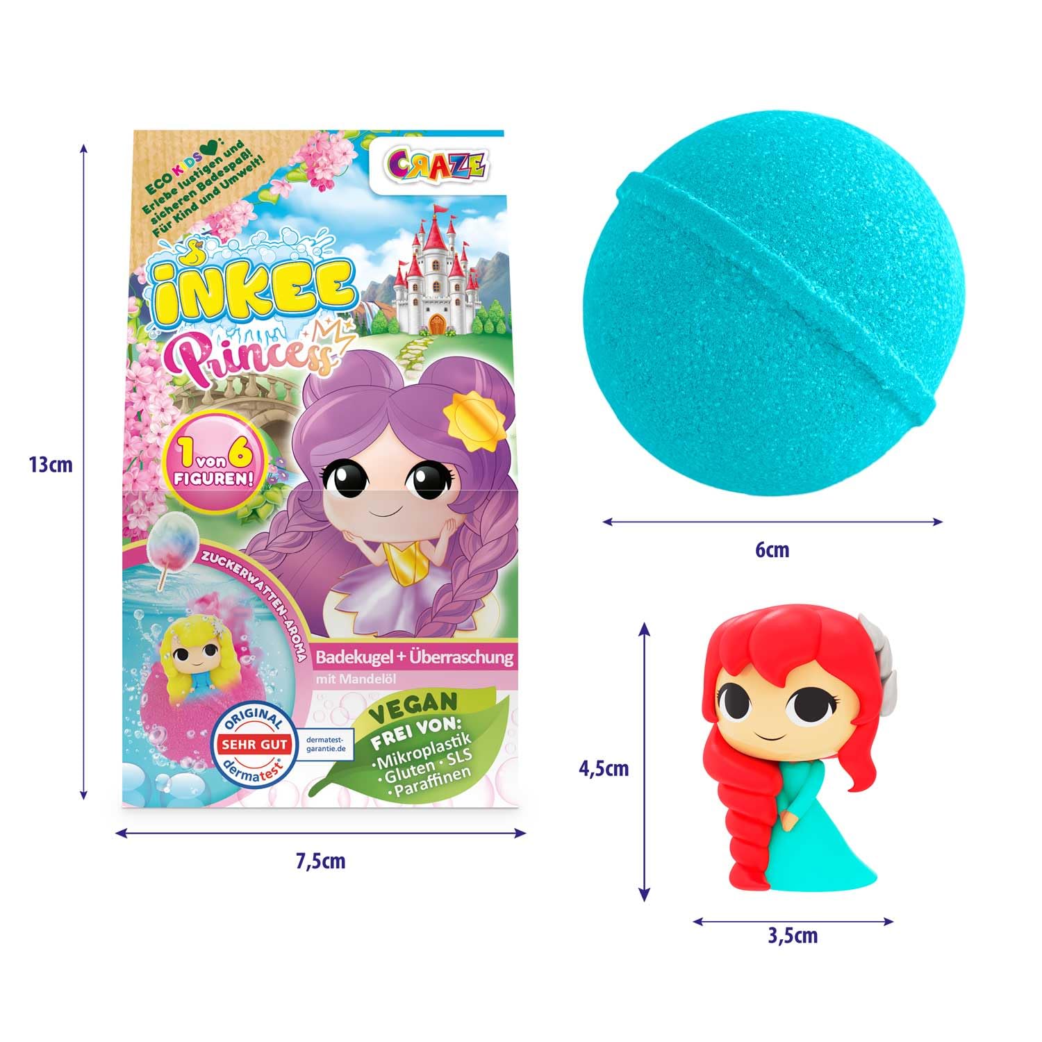 INKEE Boule de bain Princesse - Bombe de Bain Enfant avec Surprise, Figurine Princesse à l'intérieur, Parfum Barbe à Papa & Huile d’Amande Douce, 100g – Testée Dermatologiquement