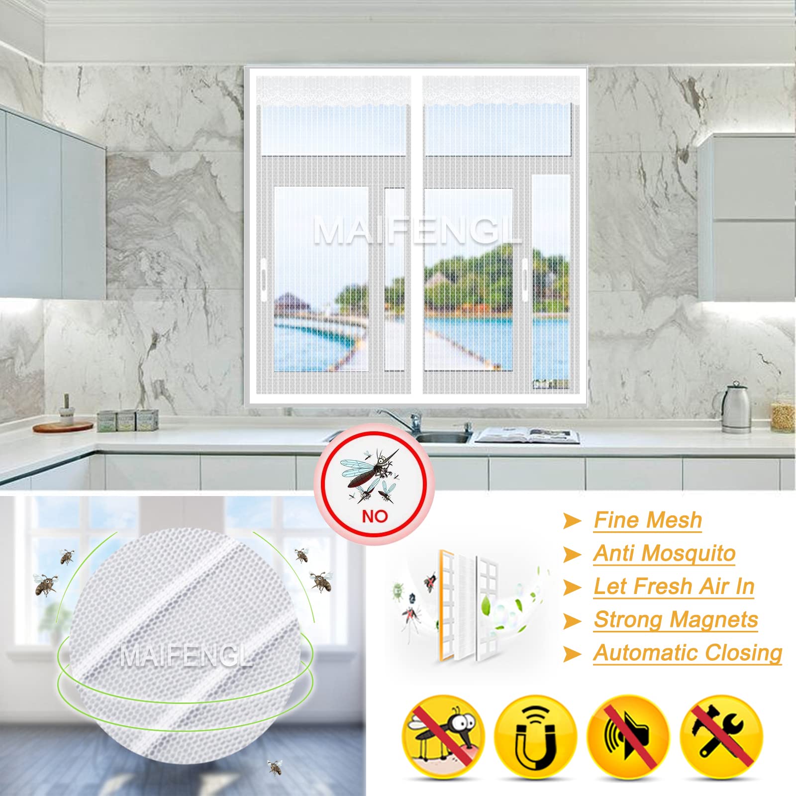 Moustiquaire FenêTre MagnéTique, Fermeture Automatique Insectes Fenêtre D'écran Magnétique, Sans Perçage Facile À Installer, Pour Fenêtre Portes-Black| 37x43inch(95x110cm