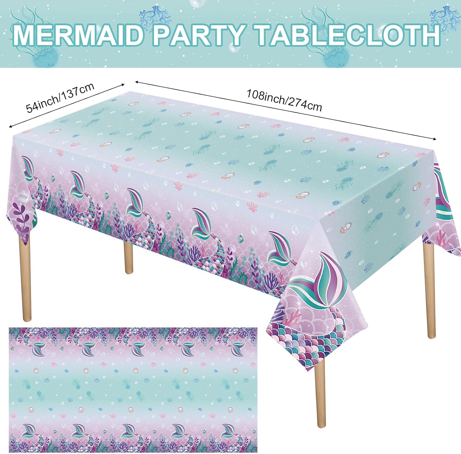3 Pieces Mermaids Tablecloth, Sea Theme Party Table Covers Disposable Printed Plastic Waterproof Washable Table Cloth Supplies for Kids Girls Birthday Baby Shower Party Decoration, 54 x 108 Inch : Toys & Games