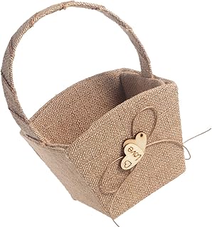 Veemoon Burlap Flower Basket Vintage Double Heart Wedding Flower Girl Basket with Bowknot for Rustic Wedding Ceremony Decoration