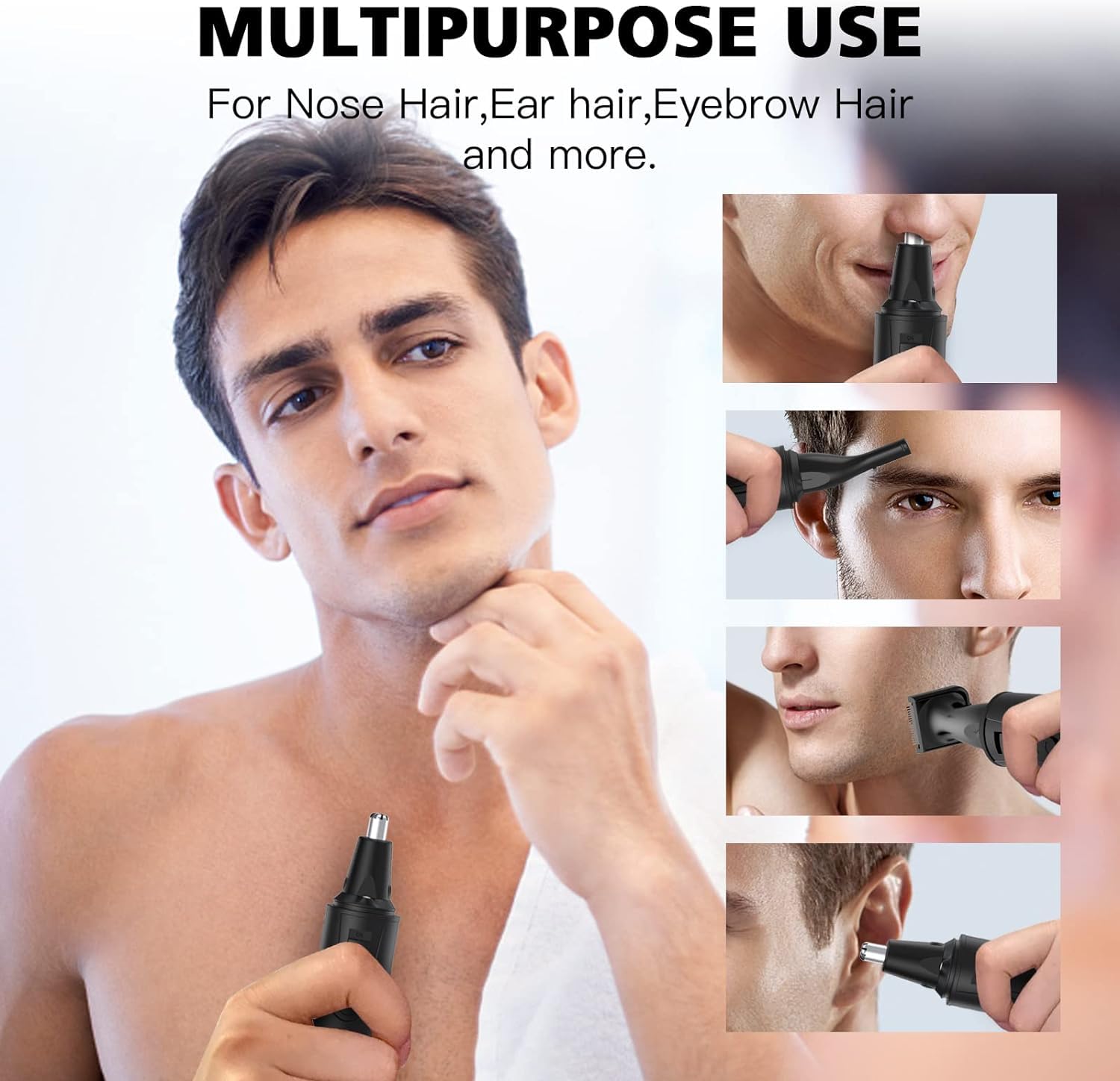 XOOMRSCP Rasoio per peli del naso da uomo, ricaricabile, 3 in 1, indolore, multifunzionale, per orecchie e naso, con lame a doppio bordo impermeabili IPX7 (inchiostro nero)