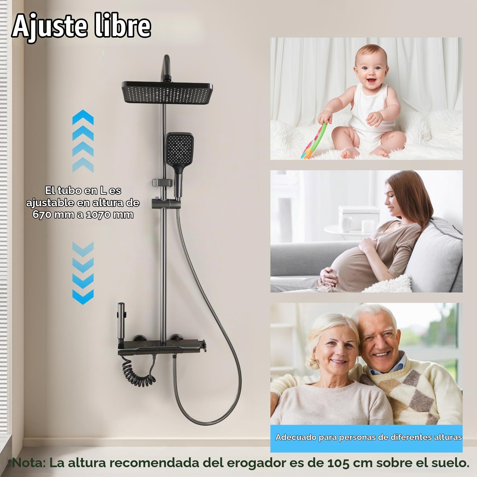 Columna de Ducha Gris Oscuro con Pantalla Digital, Sistema de Ducha con 4 Botones de Piano, Rociador Efecto Lluvia para Baño Moderno-D3