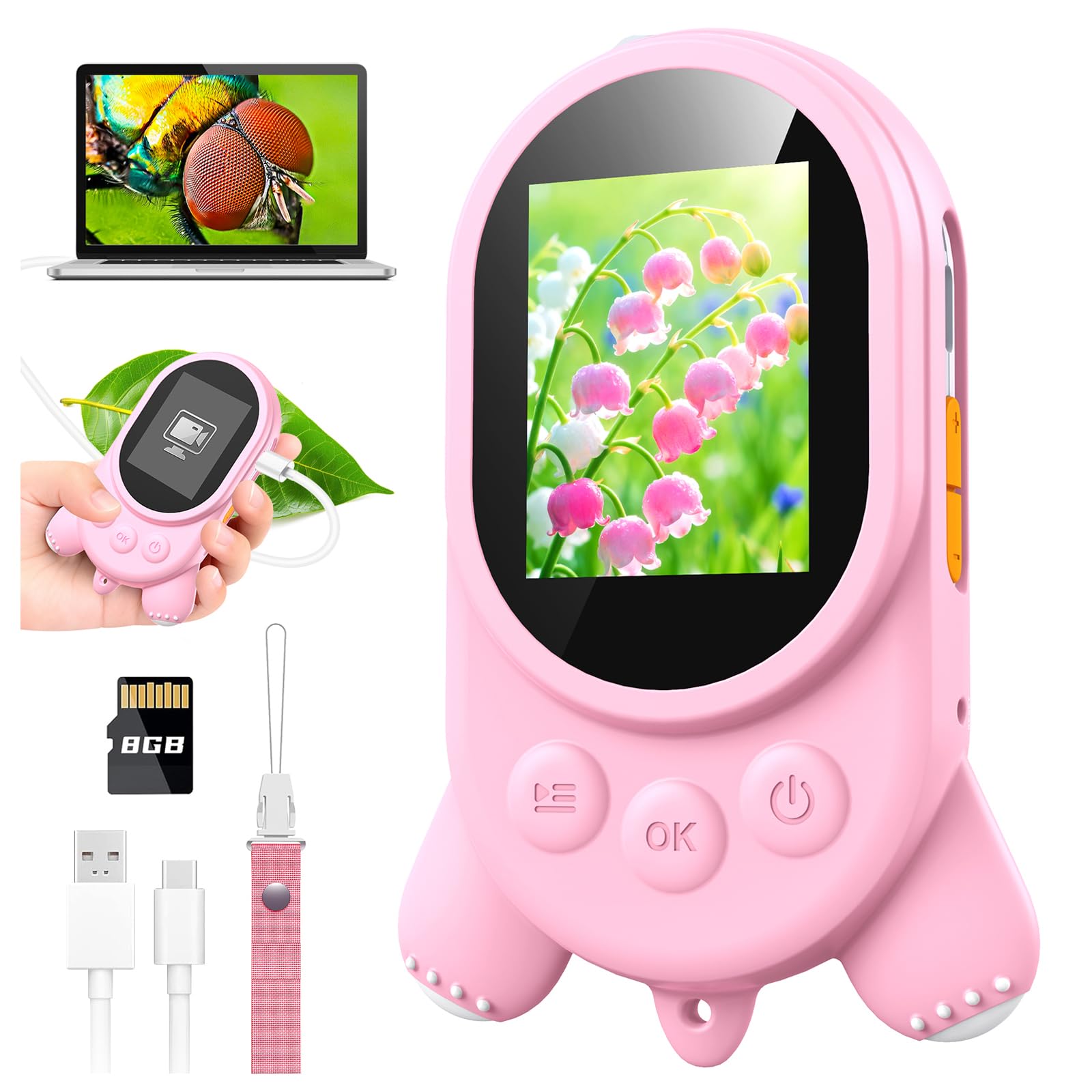 Mikroskop für Kinder, Digital Lupe Kinder mit 2-Zoll LCD HD Bildschirm, Hand Kinderkamera Microscope mit 8 LED Licht, Tragbares Taschenmikroskop mit 8G-Karte, Mini-Mikroskope Draussen - Rosa