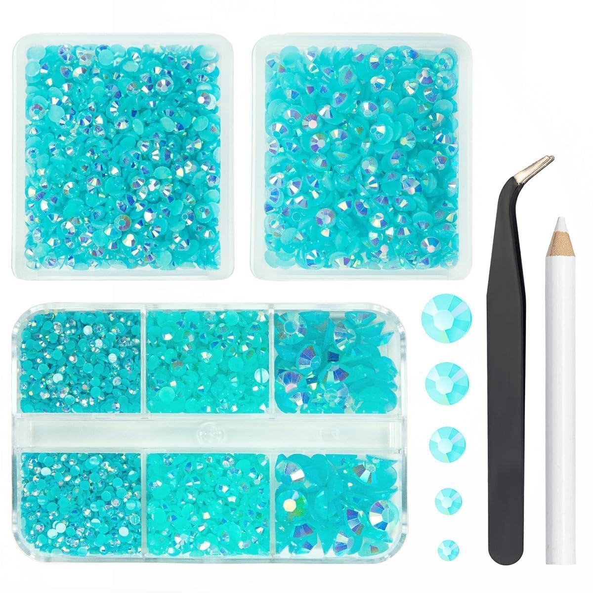 qiipii 3 Boxes 5070PCS Aquamarine AB Resin Rhinestones for Crafting Lake Blue Flatback Jelly Rhinestones 2mm-6mm Water Blue Stones Diamonds Gems