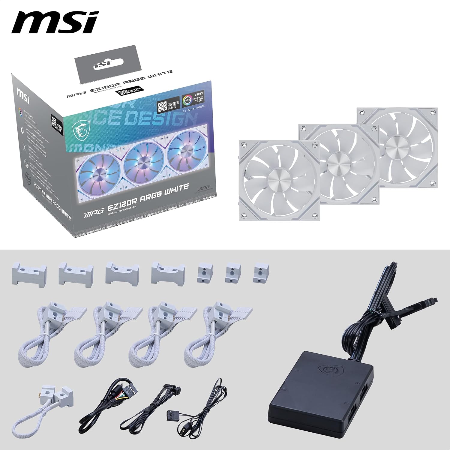 MSI MPG EZ120R ARGB WHITE-3W Fan - 120mm ARGB Fan, Patented Magnetic Connector Block, Daisy-Chain Connection, Fluid Dynamic Bearing + Extra nut Fixing, Fan hub, Reverse Fan Blade, 3 Packs