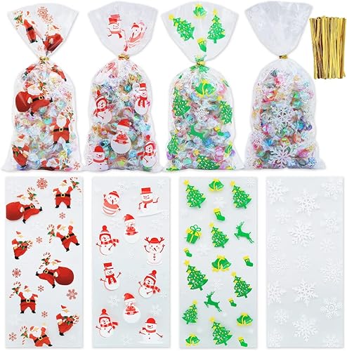 Boerni 100 bolsas de celofán de Navidad, bolsas de plástico para violonchelo de Navidad con lazos giratorios para dulces, galletas, golosinas,