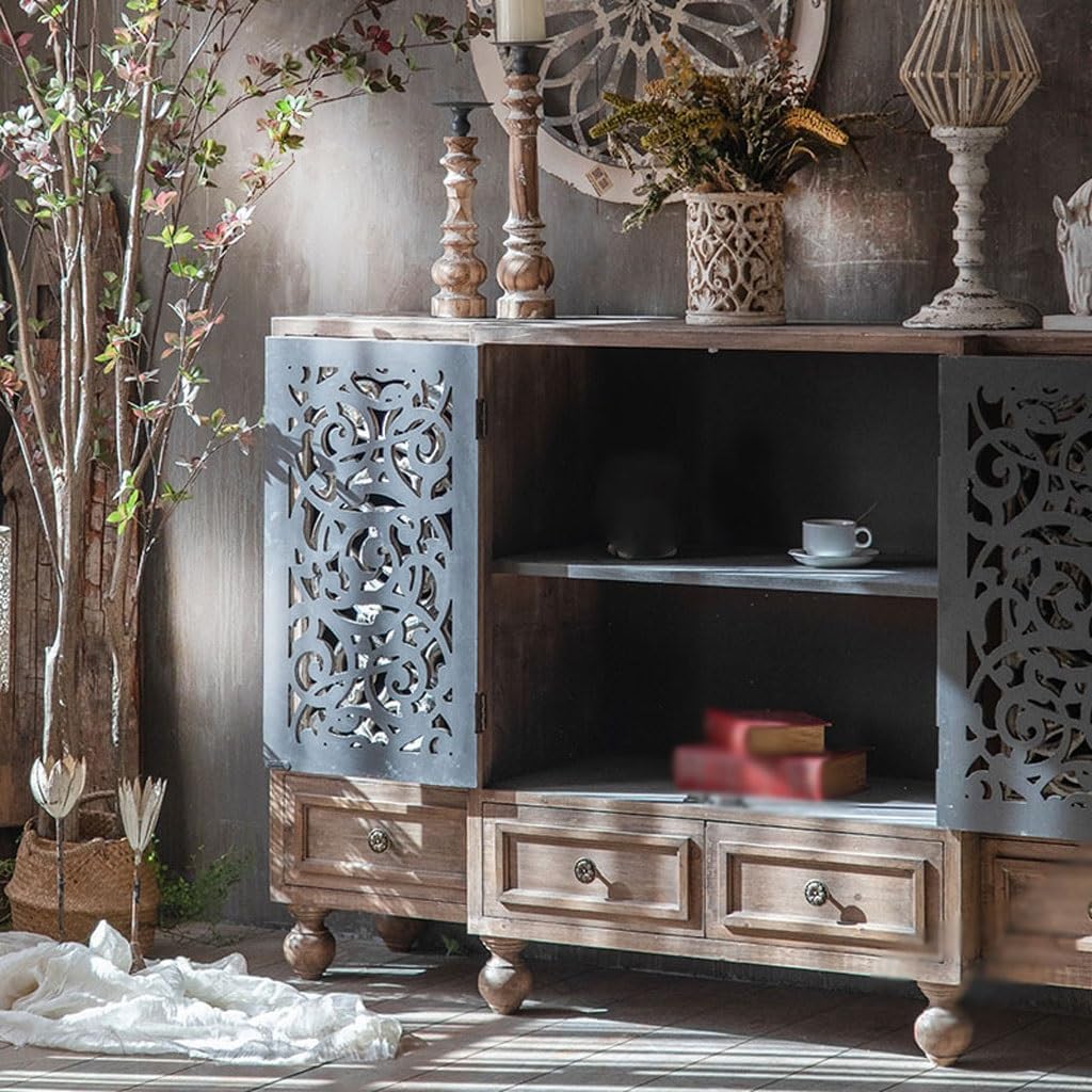Bufetera Retro Old Decorative Storage Cabinet Living Room Country Style Carved Dining Room Sideboard Aparadores para Comedor, 160X42X102cm