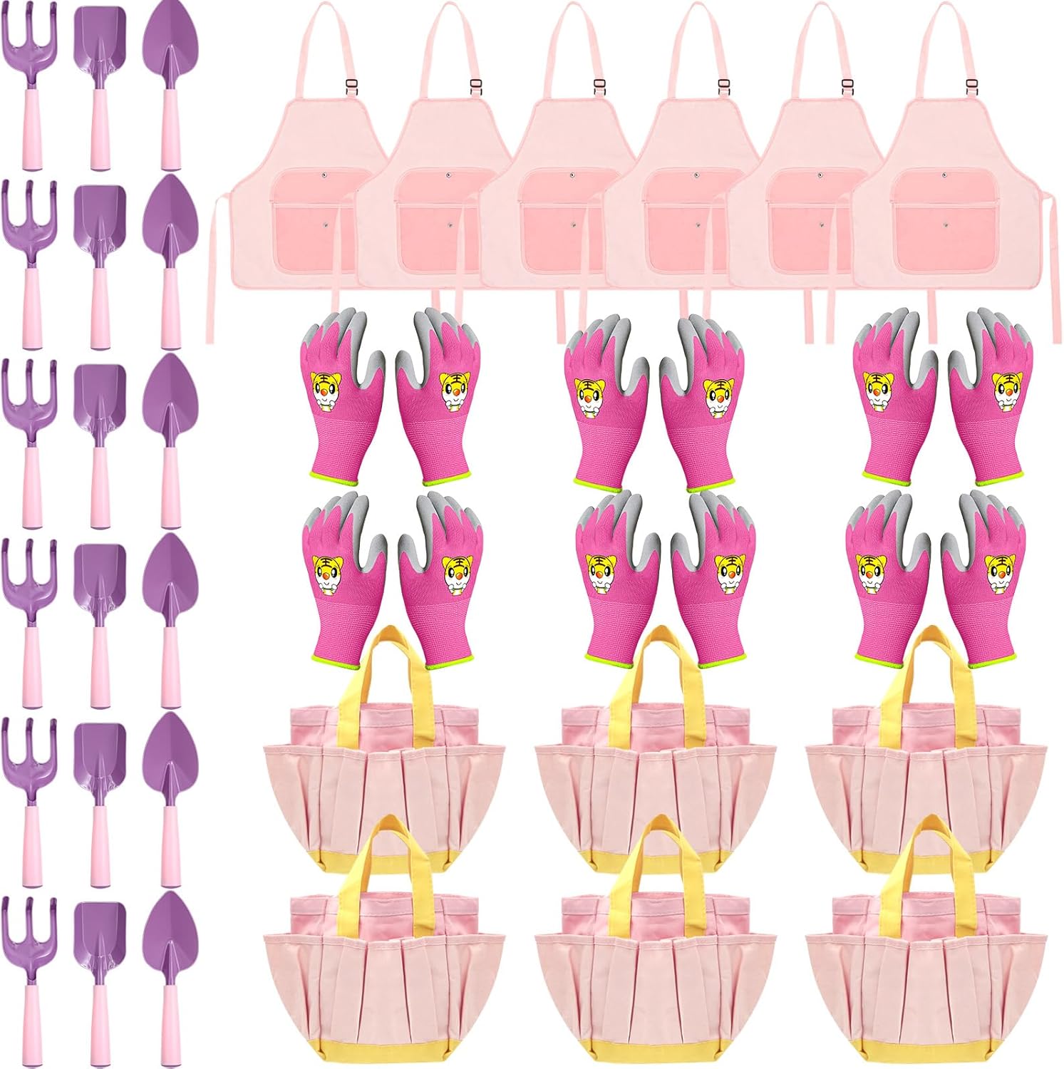 36 Pcs Kids Gardening Tool Set Garden Set Toy Includes Metal Shovel with Sturdy Wooden Handle Rake Trowel Apron Gardening Gloves Tote Bag Funny Children Garden Tools for Girls Boys Outdoor (Cute)