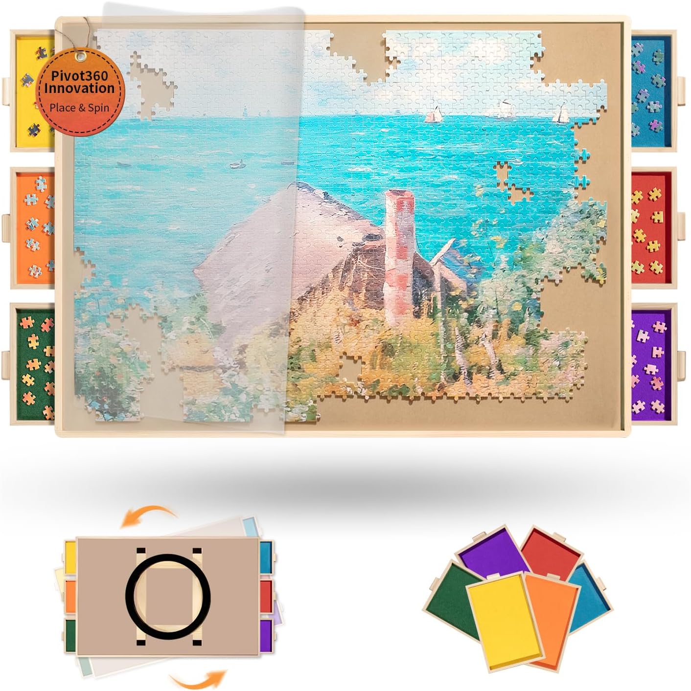Join&Joy 1500 Piece Puzzle Board Pro, with 6 Drawers & Cover, 34" x 25", Sort-Wise Colorful Felt Drawers, Wooden Jigsaw Puzzle Board, Birthday Gifts for Mom