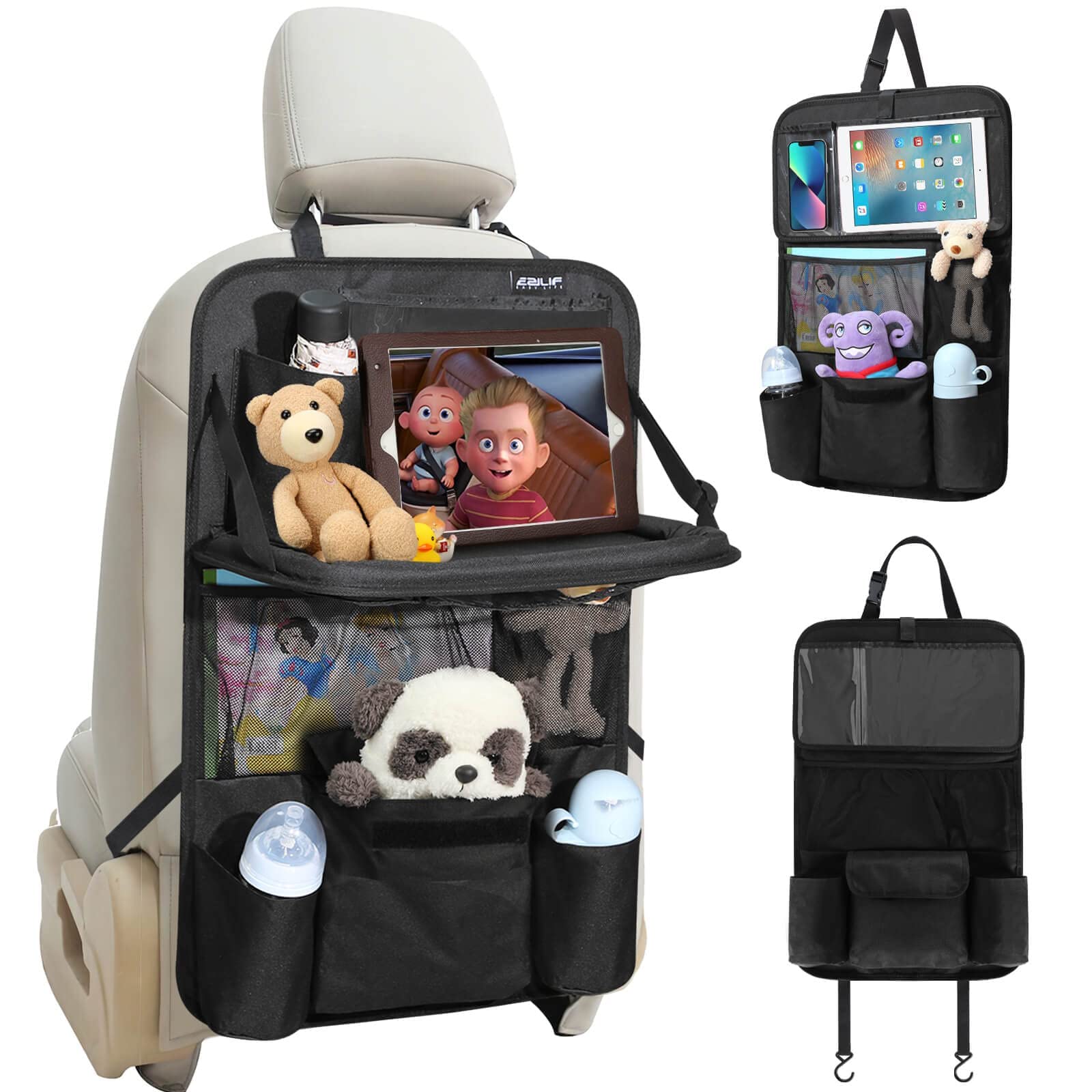 Ezilif Autositz Rückenlehnenschutz Rücksitz Organizer Kinder Reißfest mit Tisch und Vielen Sack, mit 12 Zoll iPad Tablet-Tasche, Rückenlehnenschutz Auto Kinder Wasserdicht und Multifunktionale