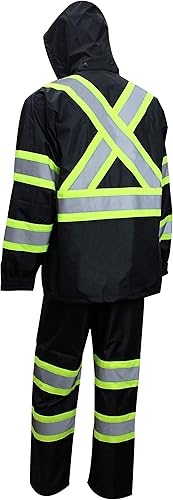 Miniatura 2 de TBK66 - Traje de lluvia clase 3, chaqueta, pantalones de alta visibilidad, parte inferior negra reflectante con patrón en X (4XL, negro), Negro neón