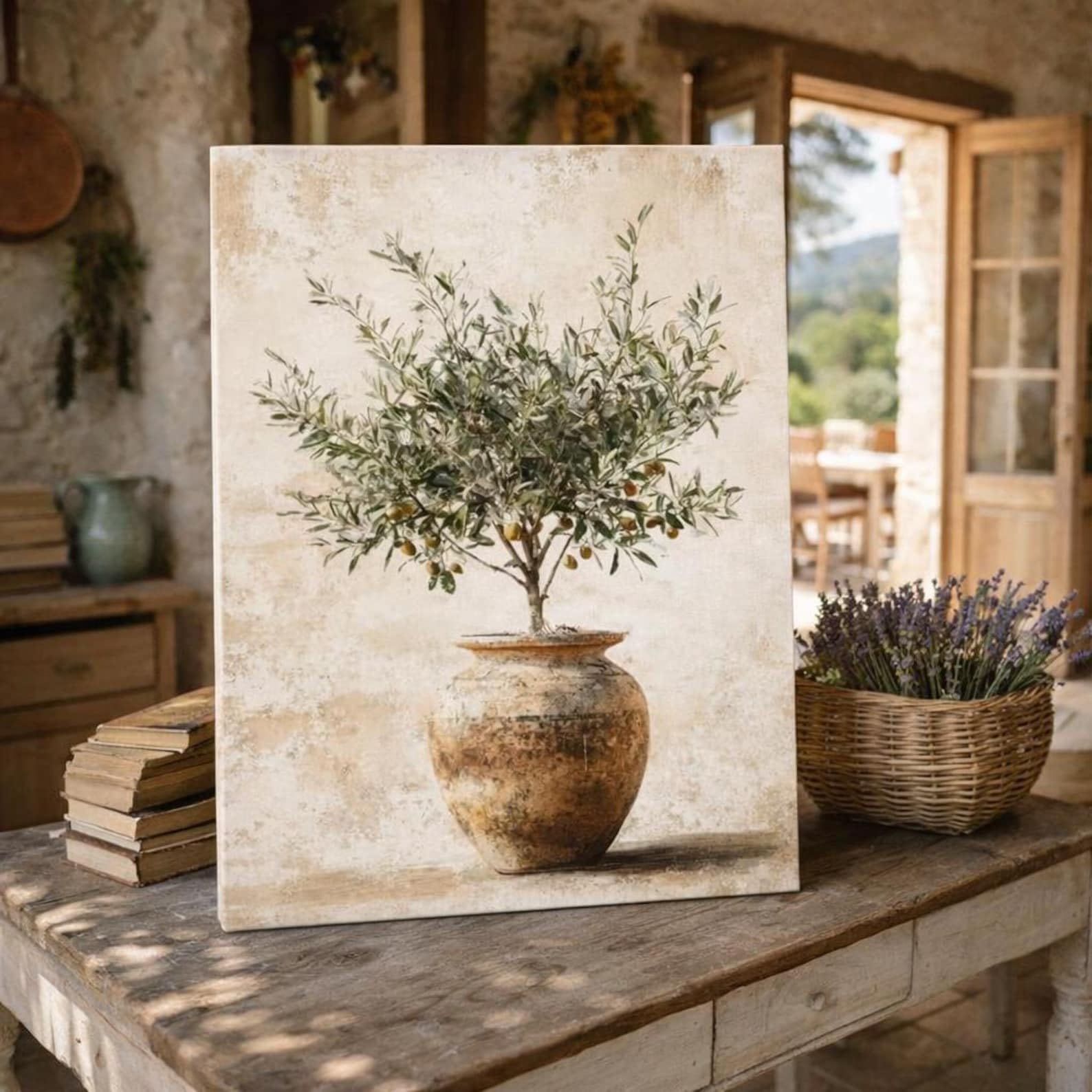 Tableau vintage olivier de 80x120cm pour décoration murale de salon rustique chic