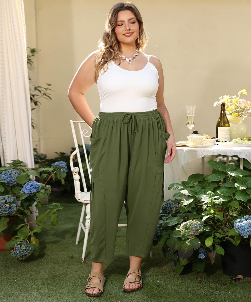 CARCOS Plus Size Pants Womens Summer Palazzo Pants Drawstring Wide Leg Harem Beach Pant with Pockets Vacation Outfits XL-5XL - Image 2