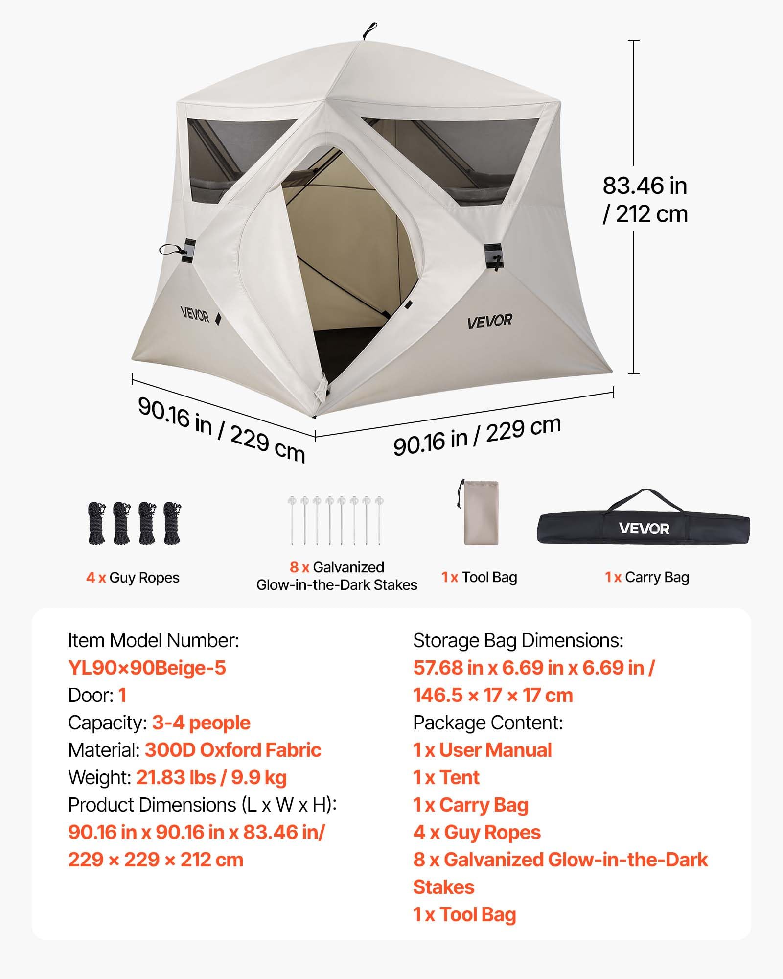 VEVOR Campingzelt 4-Personen, Pop-Up-Zelt mit Netzfenstern, Familienzelt Schneller Aufbau in 60 Sekunden, Tragbares Cabin Hub Zelt mit Tragetasche für Familien-Camping & Wandern, 229x229x212 cm