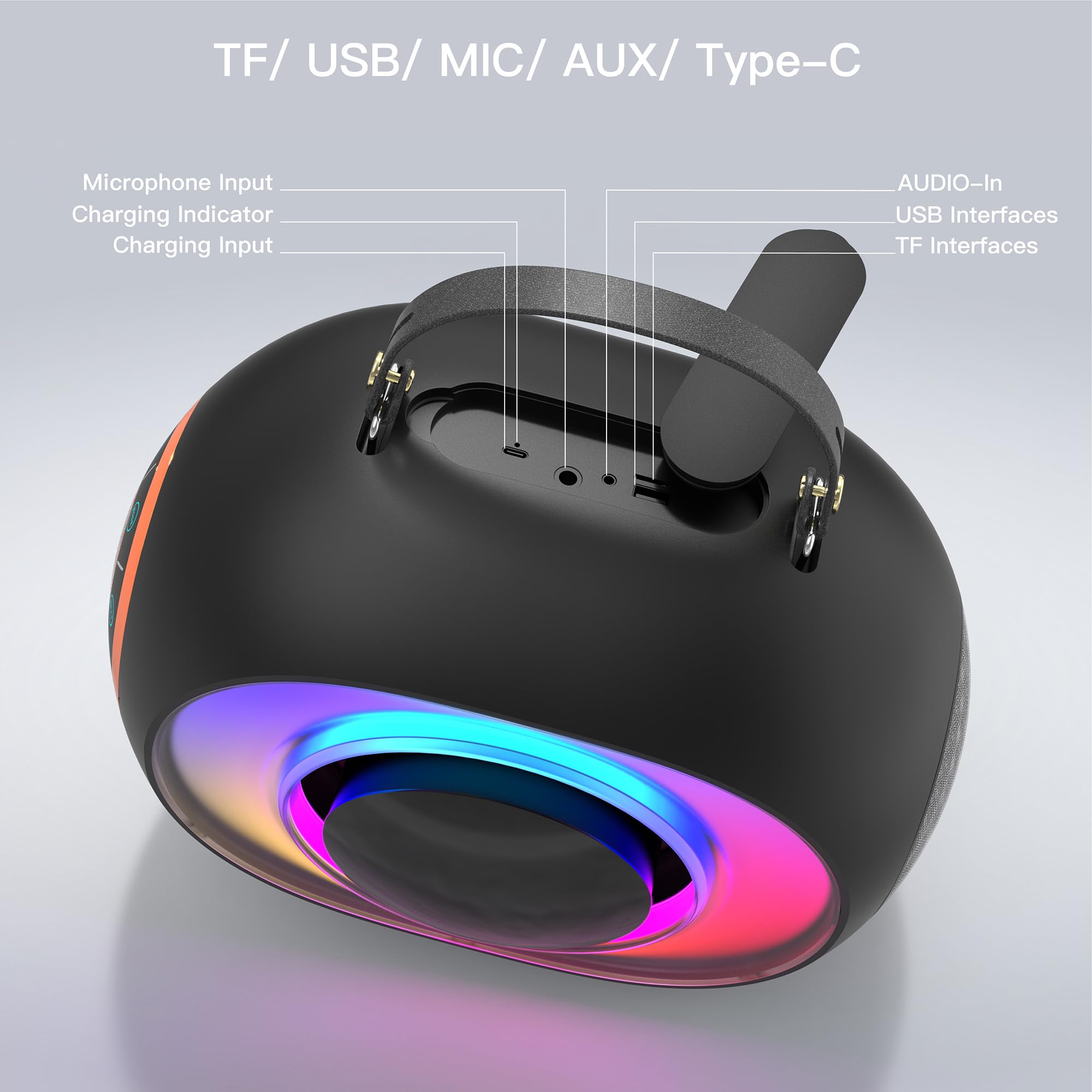 Máquina de karaoke, altavoz Bluetooth con radiadores pasivos visualizados duales, 2 micrófonos y sistema PA y luz de discoteca, bajos/agudos/eco, soporta TV/TF/USB/AUX/Live para fiestas en casa, al