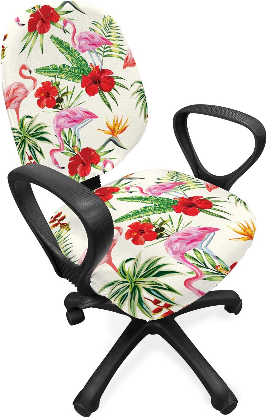 Lunarable Vintage Palm Office Chair Slipcover, Tropical Bird Flamingo Red Hibiscus Flower Pinnation Leaves Print, Protective Stretch Decorative Fabric Cover, Standard Size, White