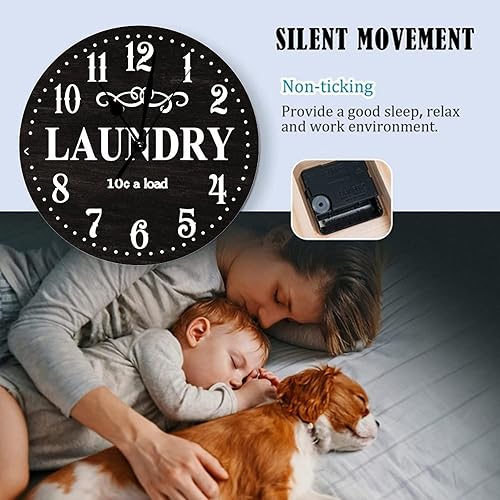 Miniatura 6 de Reloj de lavandería negro, reloj de pared silencioso de 10 pulgadas, funciona con pilas, reloj de pared retro para baño, relojes de pared de madera