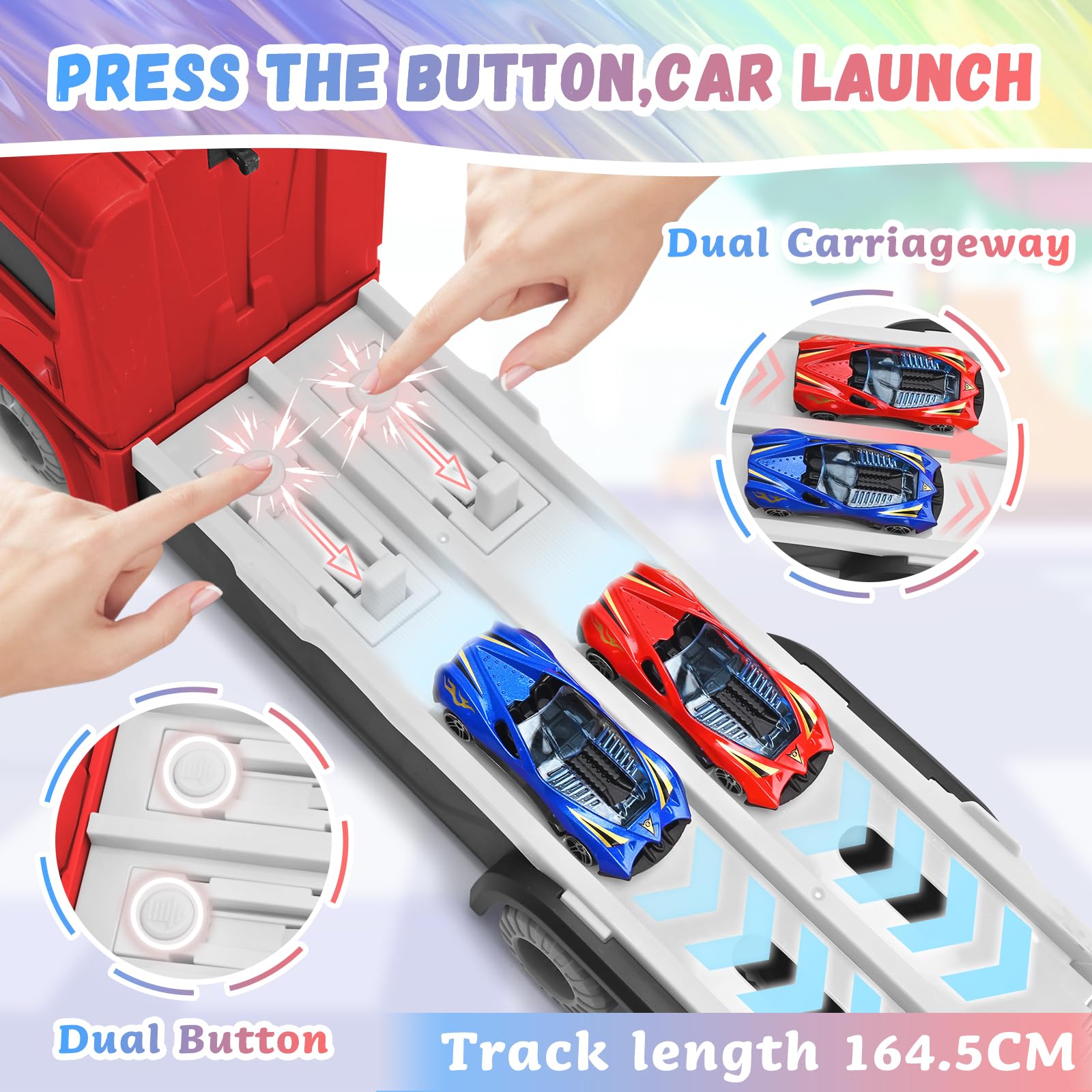 Cugybue Camion Giocattolo per Bambini,Auto Giocattolo Pista Portatile con 12 Auto da Corsa,Camion Macchinine per Bambini Set Giocattolo Veicolo di Trasporto,Rosso